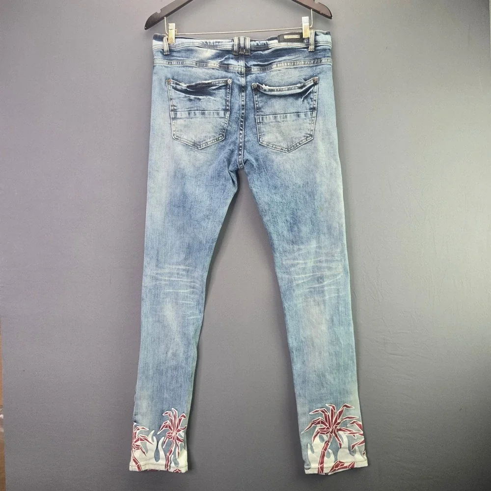 Preme Jeans Rest In Paradise Distressed Graphic Denim 34x33 Blue Palm Tree Slim